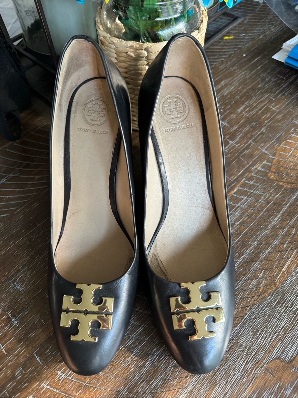 Tory Burch Black Leather Pumps with Gold Logo Accent